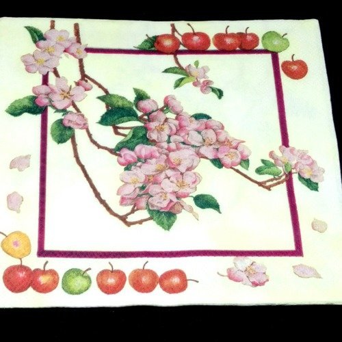 Serviette papier/napkin  fruit "pomme rouge, pomme verte, fleur de pommier" 