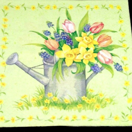 Serviette papier/napkin  "tulipe, jonquille, muscari, arrosoir" 