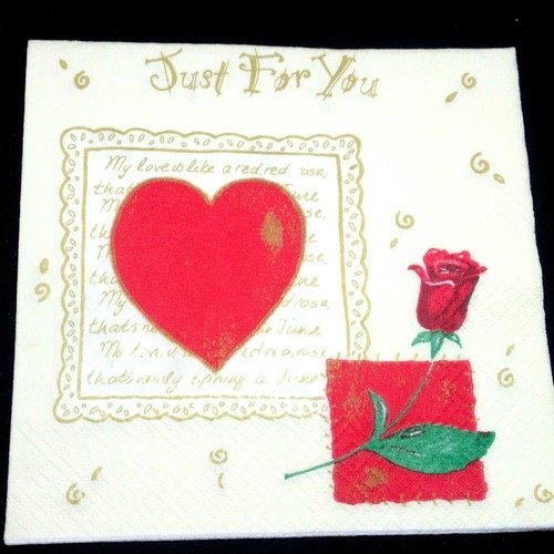 Serviette papier/napkin  "cœur, rose rouge, st valentin" 