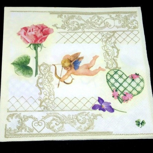 Serviette papier/napkin  "cœur, rose rose, ange, st valentin" 