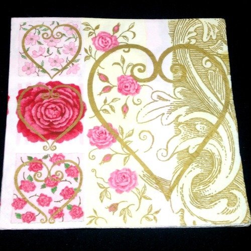 Serviette papier/napkin  "cœur, rose, style baroque, st valentin" 