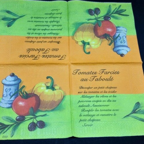 Serviette papier/napkin  "olive noire, tomate, poivron, recette de cuisine"