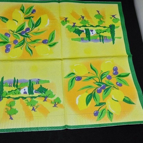 Serviette papier/napkin  "olive noire, citrons et paysage de provence"