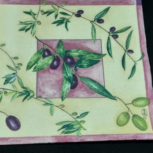 Serviette papier/napkin  "olive noire et verte, branche d'olivier"