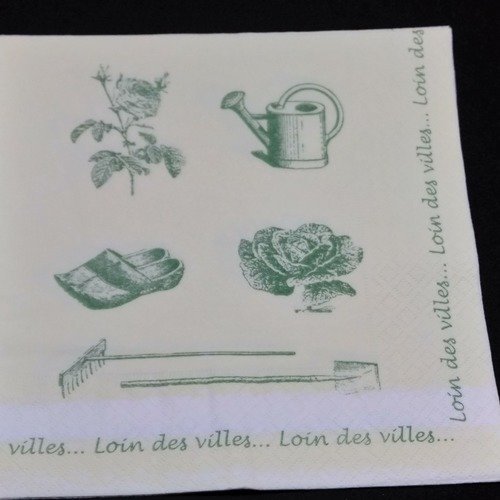 Serviette papier/napkin  "outils du jardinier, arrosoir, râteau, bêche, salade, rose" 