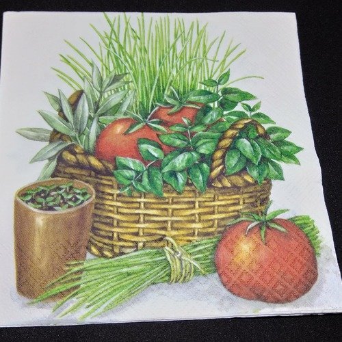 Serviette papier/napkin  légume "panier en osier, tomates, ciboulette, basilic"