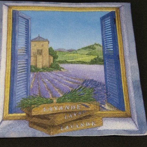 Serviette papier/napkin  "fenêtre ouverte sur champ de lavande et mas provençal" 