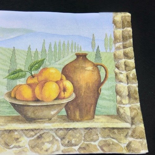 Serviette papier/napkin  "paysage de provence, poteries, abricots, cyprès" 