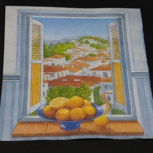 Serviette papier/napkin  "fenêtre ouverte sur la provence, coupe d'oranges, maison de pays, persiennes en bois" 