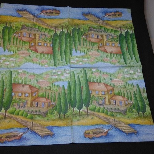 Serviette papier/napkin  "paysage de provence, au bord du lac, mas, cyprès" 