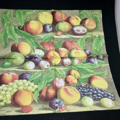 Serviette papier/napkin   "nature morte, fruits, raisin, pêches, prunes, framboise" 