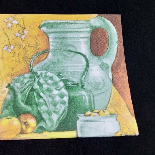 Serviette papier/napkin   "nature morte, poterie et bouilloire verte, pommes" 