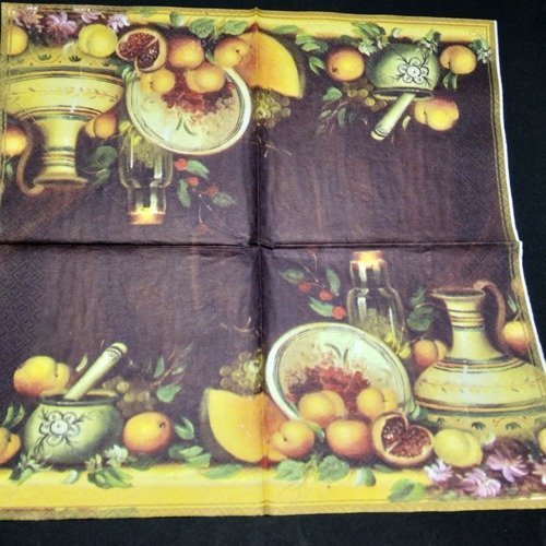 Serviette papier/napkin   "nature morte, poteries, melon, abricots, grenade" 