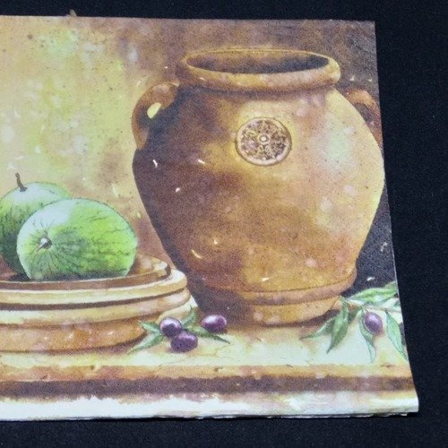 Serviette papier/napkin   "nature morte, poterie, melon, olives noires" 