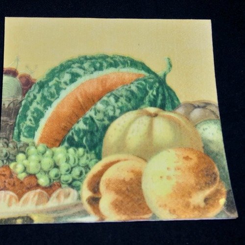 Serviette papier/napkin   "nature morte, melon, raisin, pêches" 