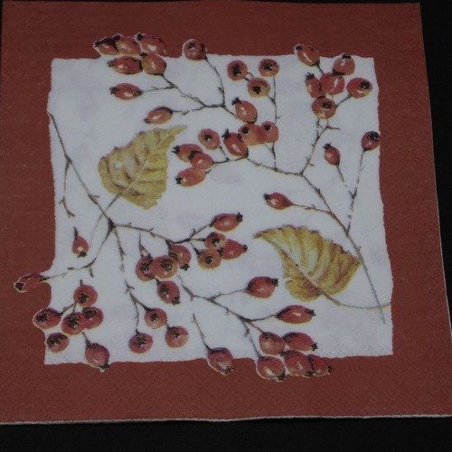 Serviette papier/napkin "feuilles et baies rouges" 