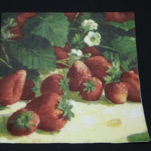 Serviette papier/napkin   "fraises, feuilles et fleurs de fraisier" 