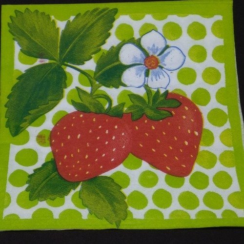 Serviette papier/napkin   "fraises, feuilles et fleurs de fraisier" 
