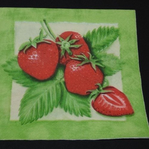 Serviette papier/napkin   "fraises, feuilles de fraisier" 
