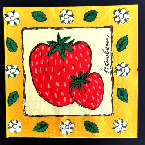 Serviette papier/napkin   "fraises, feuilles et fleurs de fraisier"