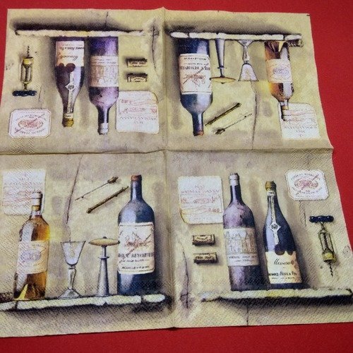 Serviette papier/napkin  "bouteilles de vin rouge et blanc, tire-bouchon, bouchons, étiquettes grand crus"