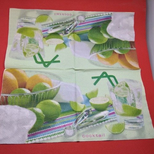 Serviette papier/napkin  "cocktails de fruits, citrons verts, oranges"