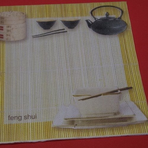 Serviette papier/napkin  "voyage en asie, feng shui, natte bambou, théière, bols de riz, baguettes" 