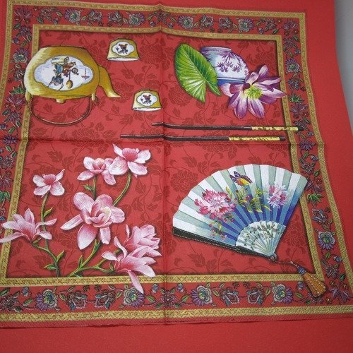 Serviette papier/napkin  "voyage en asie, éventail, théière, bols, orchidée, fleur de lotus"