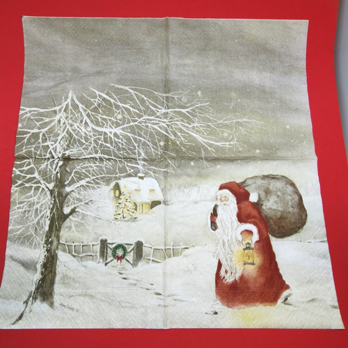 Serviette papier/napkin  "mona svärd, weihnachten", père noël, lanterne, sac à jouets campagne enneigée
