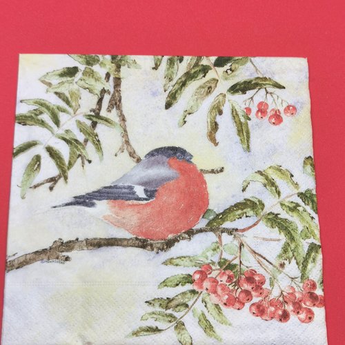 Serviette papier/napkin  "mona svärd, gimpel",  rouge-gorge sur la branche d'arbre et baies rouges