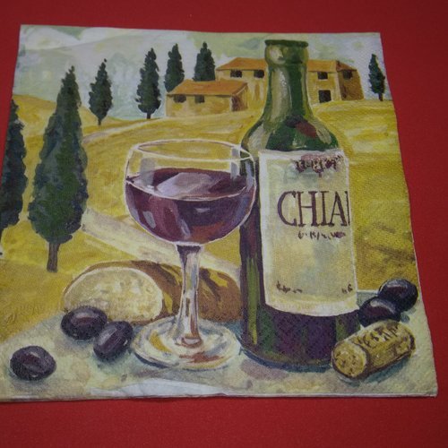 Serviette papier/napkin  "bouteilles de vin chianti, verre, pain, olives, cyprès"