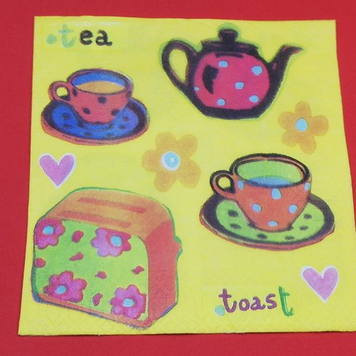 Serviette papier/napkin  "thé, tasses, théière, grille pain, tea toast" 