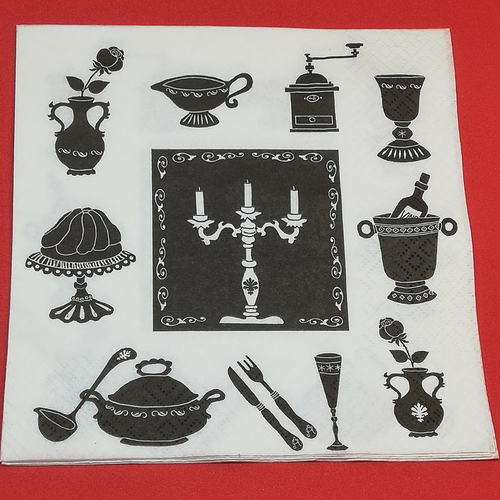 Serviette papier/napkin   "chandelier, moulin à café, soupière, louche, couverts, flûte, vase" 