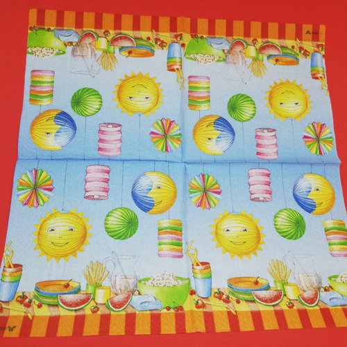 Serviette papier/napkin  "table d’anniversaire, pop-corn, pastèque, jus de fruit, lampions" 