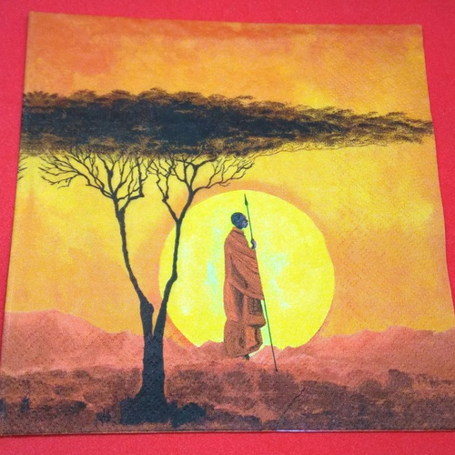 Serviette papier/napkin  "voyage en afrique, guerrier massaï au coucher du soleil" 