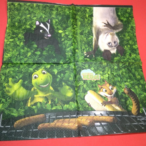 Serviette papier/napkin: enfant  "la tortue, le raton laveur et ses copains font un barbecue" 