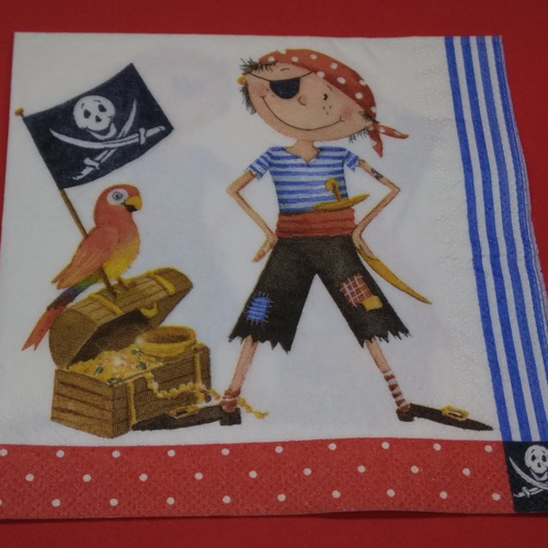 Serviette papier/napkin: enfant  "le pirate son perroquet et son coffre de bijoux" 