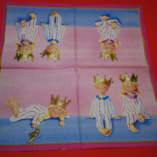 Serviette papier/napkin: enfant  "le petit prince et la petite princesse en pyjama" 