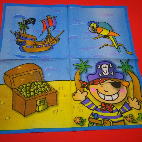 Serviette papier/napkin: enfant  "pirate, perroquet, coffre d'or, bateau" 