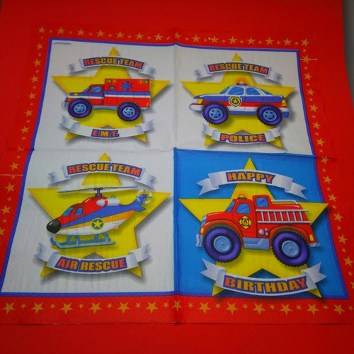 Serviette papier/napkin: enfant  "camion de pompiers, ambulance, voiture de police, hélicoptère" 