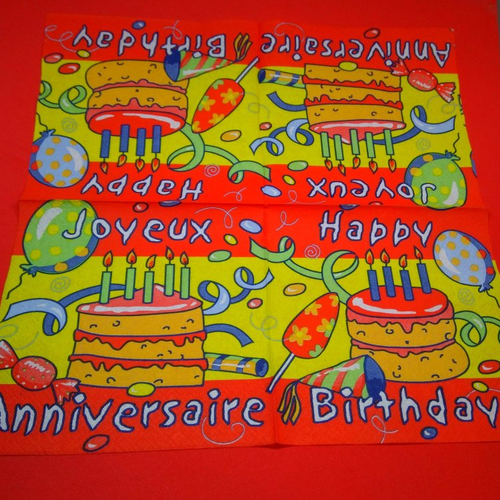 Serviette papier/napkin: enfant  "le gâteau d'anniversaire, cotillons, sucette, bonbon, ballon" 
