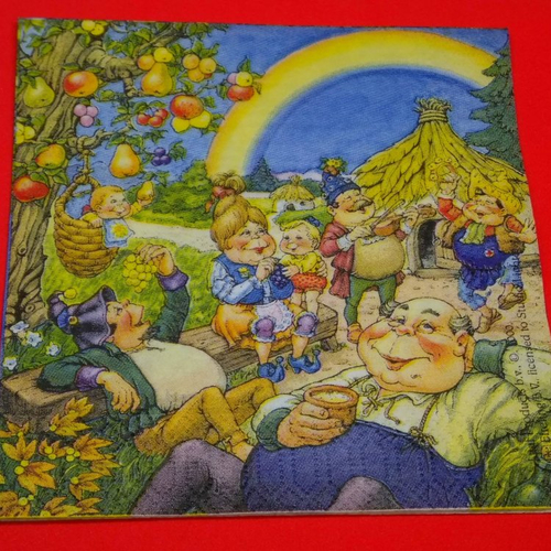 Serviette papier/napkin: enfant  "dans le village de gnomes la récolte des fruits, pommes, poires, raisin, huttes, arc en ciel" 