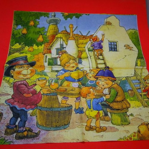 Serviette papier/napkin: enfant  "dans le village de gnomes le repas, soupière, pichet et verre de cidre, poire" 
