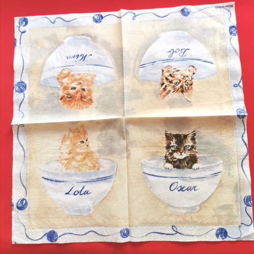Serviette papier/napkin : "les chatons dans les bols du petit déjeuner, pelote de laine"