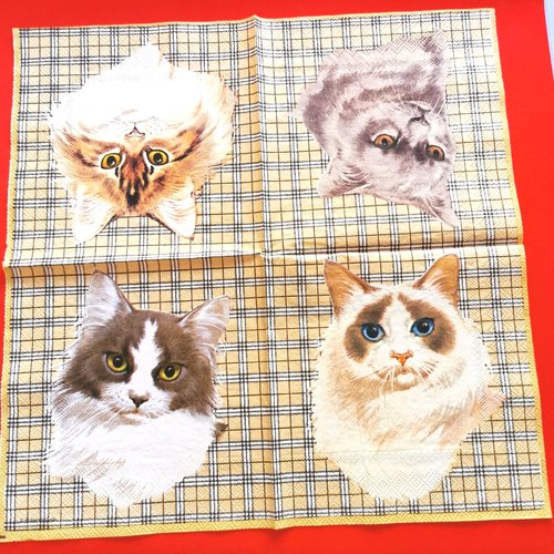 Serviette papier/napkin : "portraits de chats sur fond écossais"