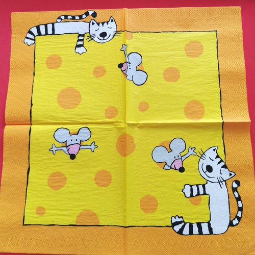 Serviette papier/napkin : "le chat et la souris, fromage"