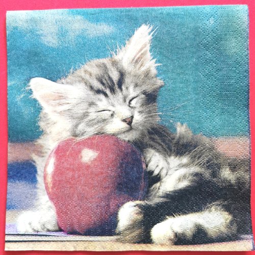 Serviette papier/napkin : " le chaton dort sur la pomme rouge"