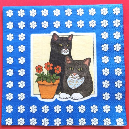 Serviette papier/napkin : "2 chats et le pot de fleurs rouge"