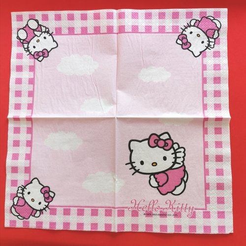 Serviette papier/napkin : "hello kitty, nuage, vichy rose"