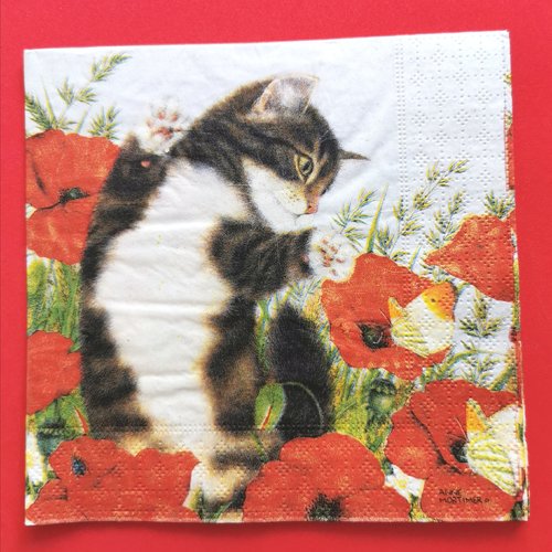 Serviette papier/napkin : "le chaton dans les coquelicots, papillons"